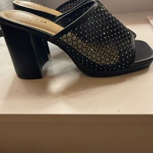 Diba Black Mesh Block Heel Mules